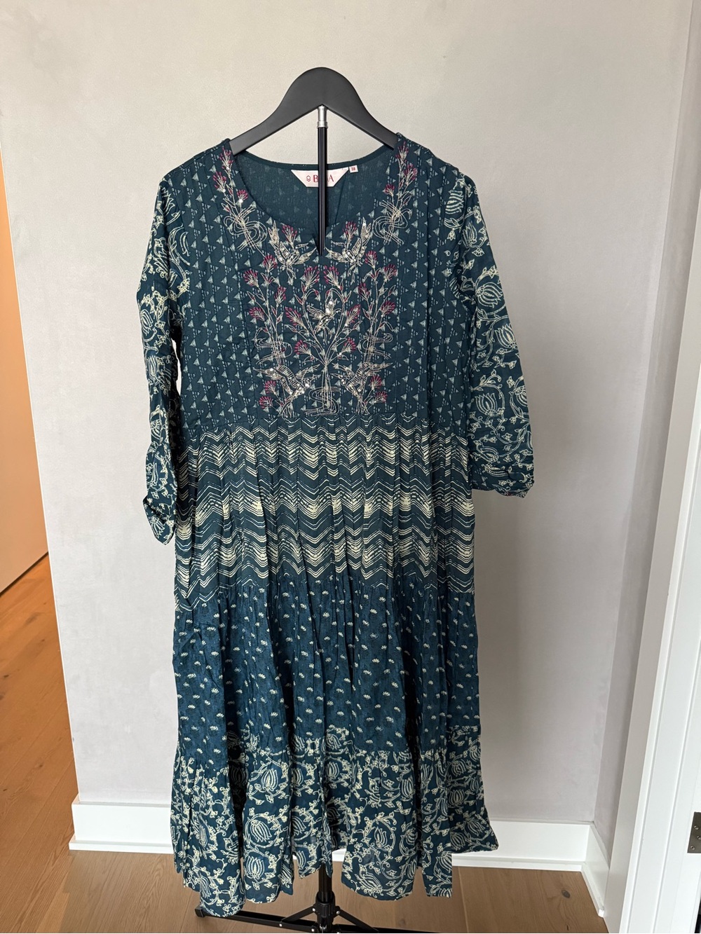 Biba Teal Cotton Embroidered Boho Maxi Dress